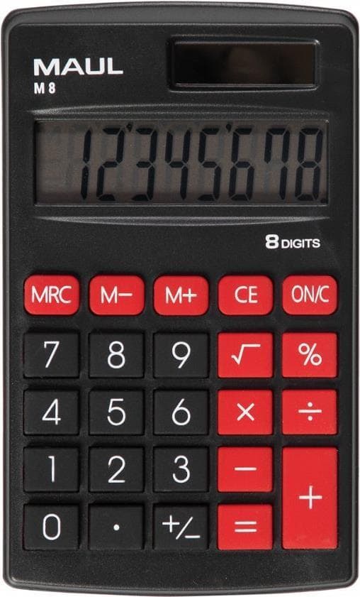 MAUL M 8. Formfaktor: Ficka, Typ: Displaykalkylator. Siffror: 8 siffror, textrader: 1 rad. Lagringsregister: 3. Energikälla: batteri/sol. Produktens f