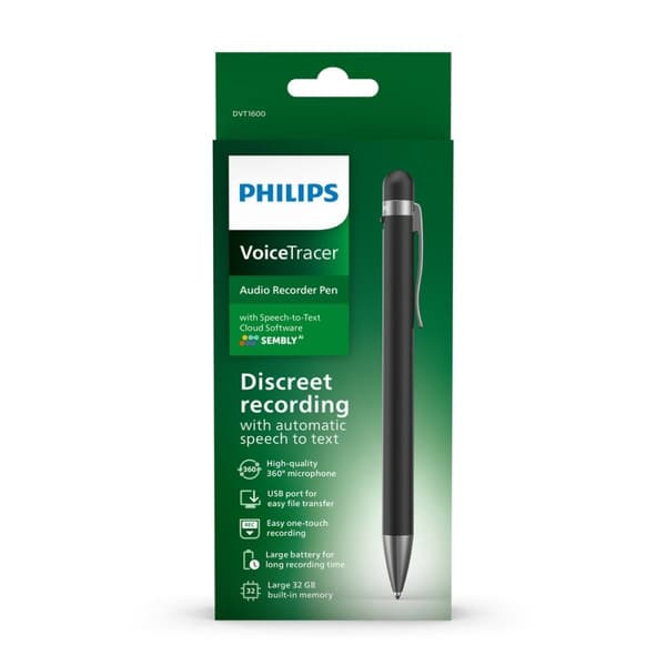 Philips DVT1600 Lydoptager pen inkl. Sembly - 360° mikrofon - 32 GB - USB-C - Sembly tale-til-tekst cloud-software / talegenkendelse