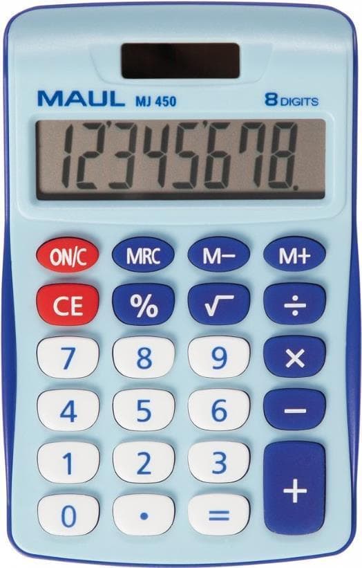 MAUL MJ 450. Formfaktor: Lomme, Type: Displayberegner. Cifre: 8 cifre, tekstlinjer: 1 linje. Lagerregister: 3. Energikilde: genopladeligt batteri. Far Blå