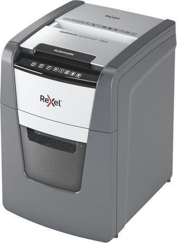Rexel Optimum AutoFeed+ 100X Whisper Quiet pappersförstörare med anti-stockningsteknik för hemmaarbetsplatsen - P-4 strimlar - Matar upp till 100 ark