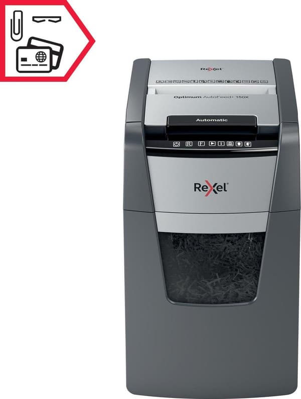 Rexel Optimum AutoFeed+ 150X Whisper Quiet Paperinsilppuri jumiutumisenestotekniikalla kotitoimistoon/kotityöpaikalle - P-4-silppuri - jopa 150 arkkia