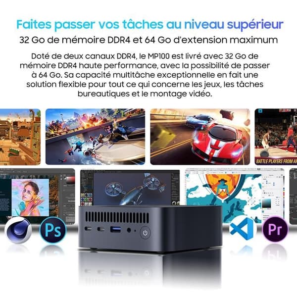 Mini PC Blackview MP100 AMD Ryzen™ 7 5700U 4.3GHz Max 32 Go 1 To-SSD 2To, Windows 11 Pro, Wifi 6, 4K UHD Display NETFLIX - Grå