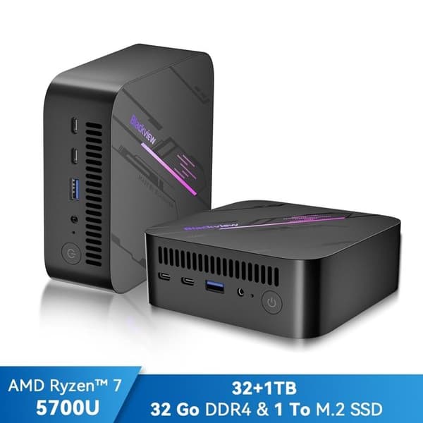 Mini PC Blackview MP100 AMD Ryzen™ 7 5700U 4.3GHz Max 32 Go 1 To-SSD 2To, Windows 11 Pro, Wifi 6, 4K UHD Display NETFLIX - Grå