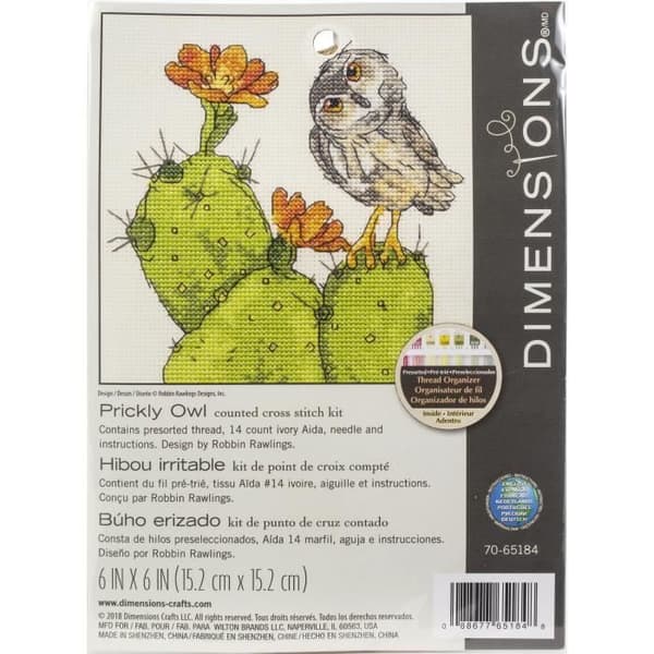 Broderikit i korsstygn - Dimensions - Taggig Uggla - 6"x6" - 14 Count - Blandat