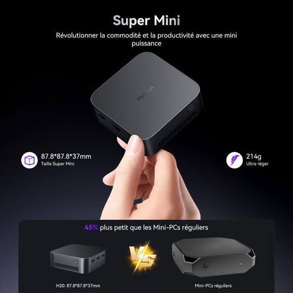 Mini PC HuiDun H20 Intel Alder Lake N95 3.4GHz Max 16 Go, 512 Go/SSD 2To, Windows 11 Pro, Wifi 6, 4K UHD, 11 olika portar - Grå