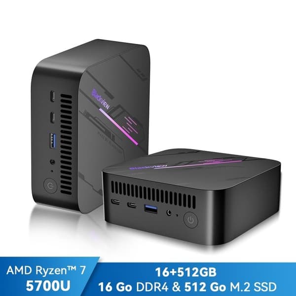 Mini PC Blackview MP100 AMD Ryzen™ 7 5700U 4,3GHz Max 16 GB 512 GB-SSD 2TB, Windows 11 Pro, Wifi 6, 4K UHD-skärm NETFLIX - Grå