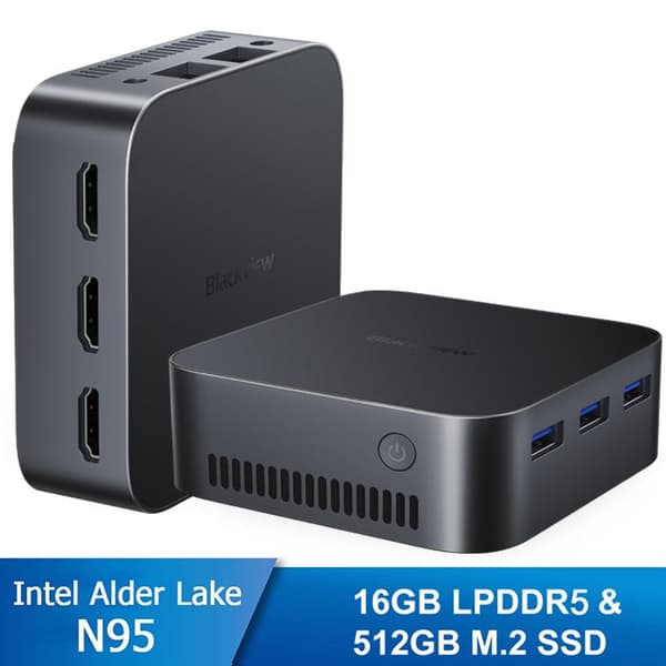 Blackview MP80 Mini PC - 16 GB RAM 512 GB M.2 SSD-lagring, Windows 11 Pro, 2,4G+5G WiFi, Intel Alder Lake N95, 3,40 GHz - Svart