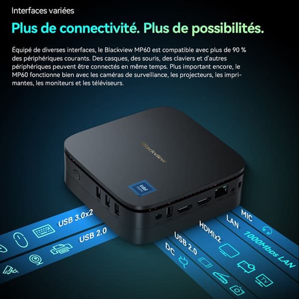 Mini PC Blackview MP60 Intel Twin Lake N150 3.6GHz Max 16 Go 1 To/SSD 2To, Windows 11, Wifi 6, 4K UHD Display NETFLIX - Grå