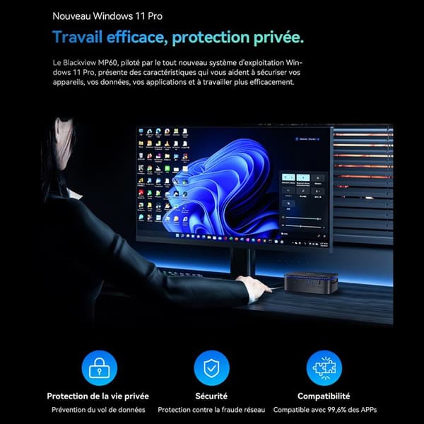 Mini PC Blackview MP60 Intel Twin Lake N150 3.6GHz Max 16 Go 1 To/SSD 2To, Windows 11, Wifi 6, 4K UHD Display NETFLIX - Grå