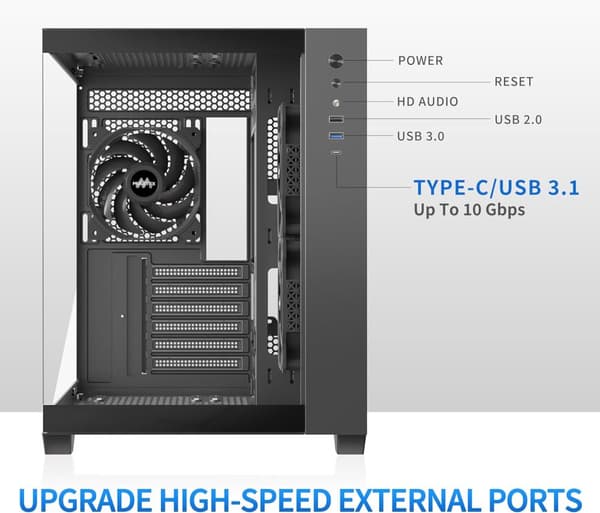 ATX PC-chassi, 3 förinstallerade fläktar utan LED, 360 mm RAD-stöd