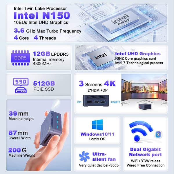 Mini PC, 12GB RAM, 512GB lagerplads, op til 3,6GHz processor,12GB 512GB, EU