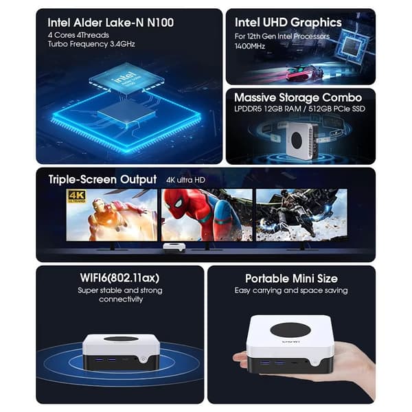 CHUWI LarkBox X Mini PC, Intel N100 processor, 12GB RAM, 512GB SSD,N100, 12GB 512GB, EU