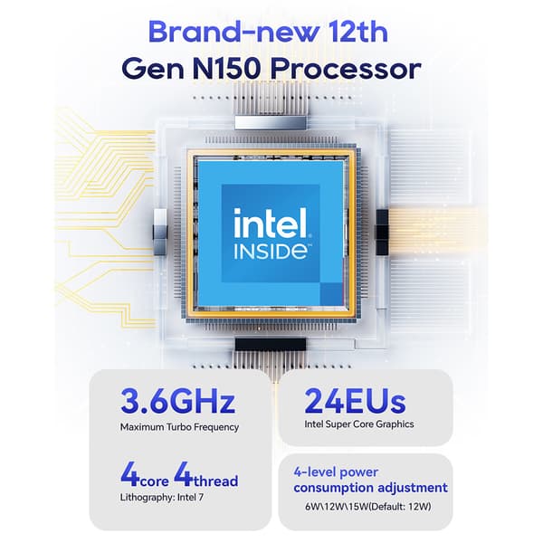 Mini PC, Intel N150-processor, 12 GB RAM, 512 GB SSD,12GB LPDDR5 RAM 512GB SSD, EU
