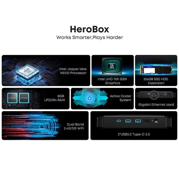 Mini PC, 8GB Hukommelse, 256GB Lager, Celeron Processor,EU, N100, 8GB 256GB