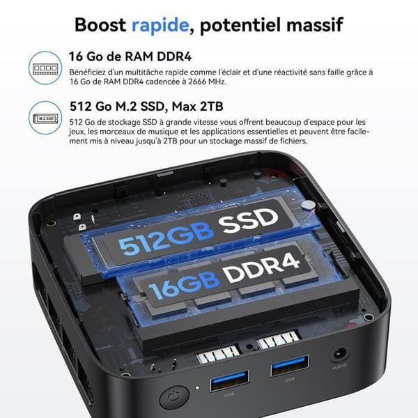 Mini PC Huidun H50 Intel Twin Lake N150 3.6GHz Max 16 Go 512 Go/SSD 2To, Windows 11 Pro, Wifi 6, 4K UHD Display NETFLIX - Grå