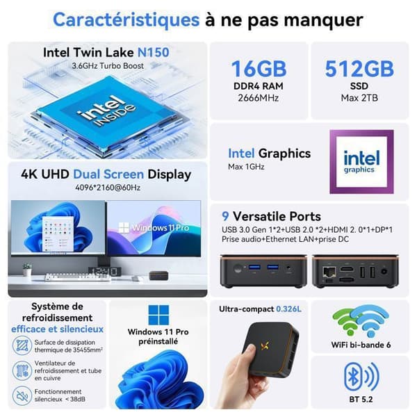 Mini PC Huidun H50 Intel Twin Lake N150 3.6GHz Max 16 Go 512 Go/SSD 2To, Windows 11 Pro, Wifi 6, 4K UHD Display NETFLIX - Grå