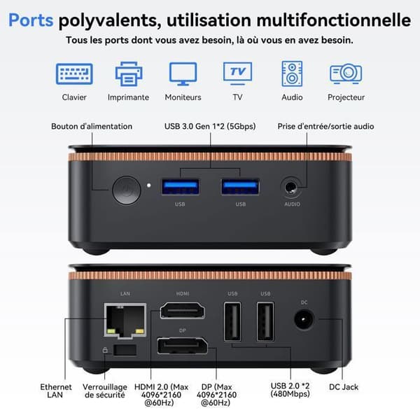 Mini PC Huidun H50 Intel Twin Lake N150 3.6GHz Max 8 Go 256 Go/SSD 2To, Windows 11 Pro, Wifi 6, 4K UHD Display NETFLIX - Grå