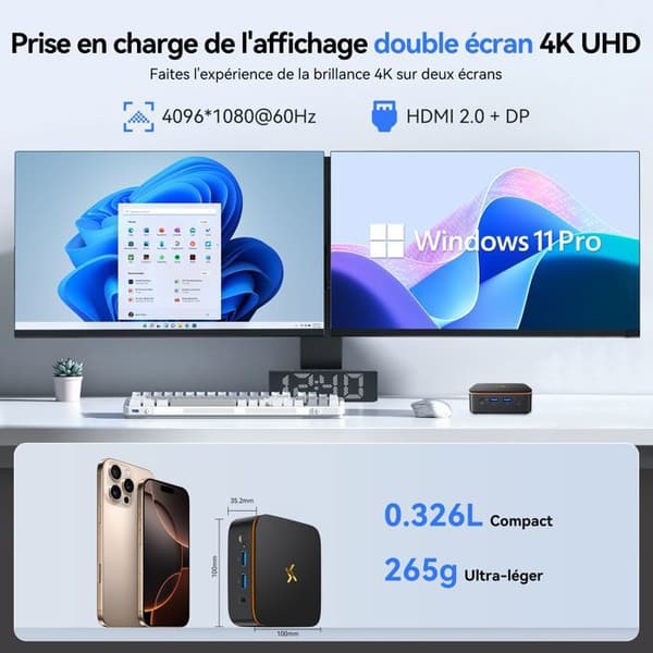 Mini PC Huidun H50 Intel Twin Lake N150 3.6GHz Max 8 Go 256 Go/SSD 2To, Windows 11 Pro, Wifi 6, 4K UHD Display NETFLIX - Grå