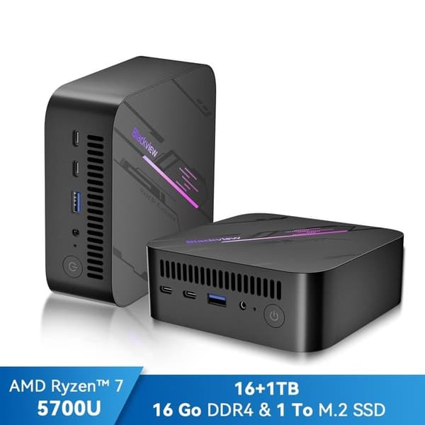 Blackview MP100 Mini PC AMD Ryzen™ 7 5700U 4,3 GHz Max 16 GB 1 TB-2 TB SSD, Windows 11 Pro, Wifi 6, 4K UHD-skärm NETFLIX - Grå