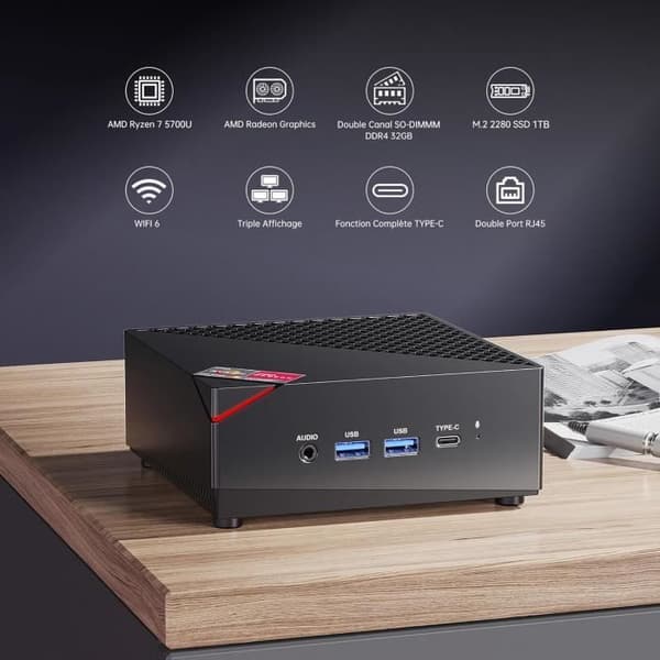 ACEMAGICIAN AM06PRO Mini PC Gamer AMD Ryzen7 5825U 8C/16T 4,5 GHz 32 Go DDR4 1 To M.2 SSD Typ-C 4K UHD Dubbel LAN WiFi 6 BT5.2