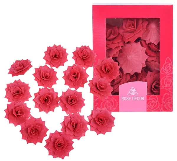 ROSE ROZALIA wafer röd 15 st blommor för att dekorera tårtor och bakverk