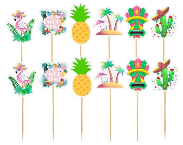Kagedekorationstoppere HAWAII FLAMINGO sæt med 12