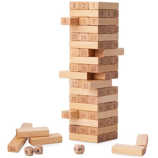 Mamabrum, arcade-peli puussa Tower Numbers,Puupalikat, noppa, mukaansatempaava, tukee puheaistin oppimista, yli 3-vuotiaille lapsille