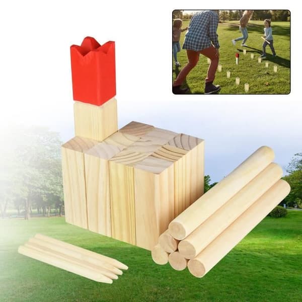 YUENFONG Viking Toss Game Classic Pine Wood Kubb Game med Red King Stor trädgårdsleksak med väska Trädgårdsleksak