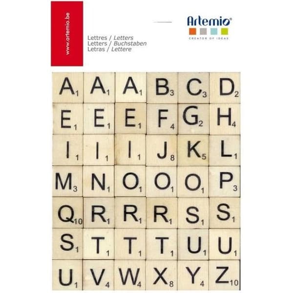 Scrabble bokstäver i trä - ARTEMIO - 42 tryckta versaler - 2 x 2 cm