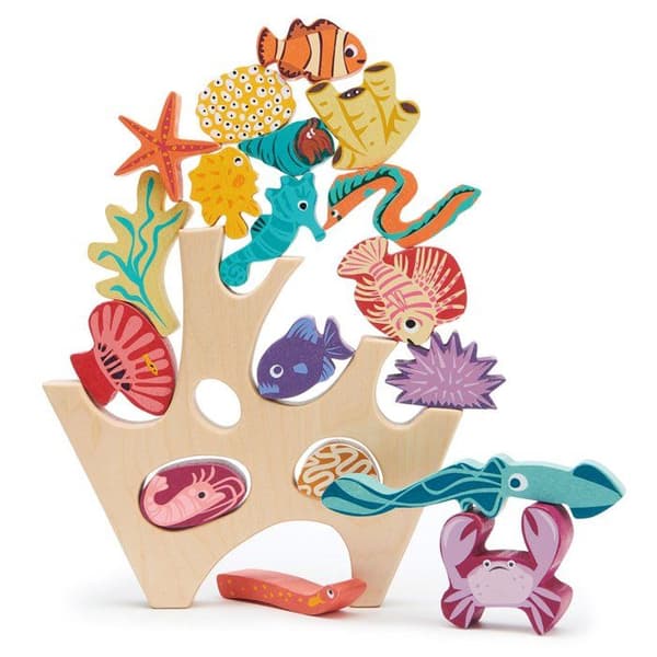 Träleksak - Tender Leaf Toys - Stapelbar korallrev - 18 marina djur - 27x8x25 cm - Blanda