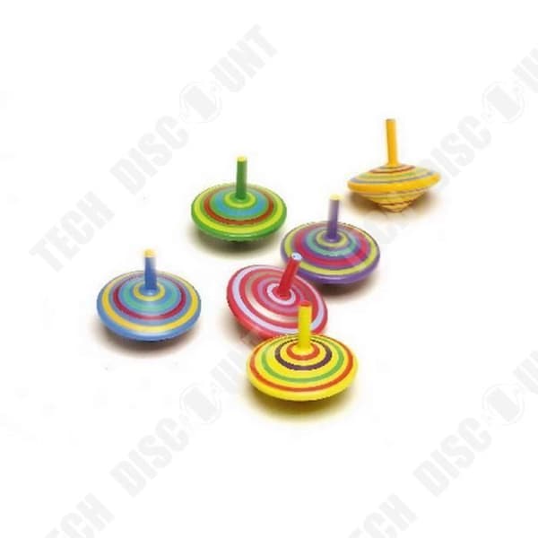 TD® set med 6 mini trägyron - färgglada spinnleksaker med färgade linjer och mönster - minisnurr