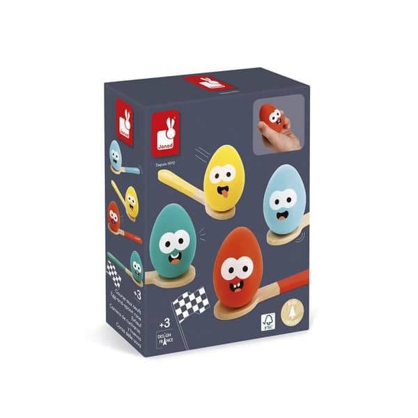 JANOD Wooden Egg Race Game - 4 skedar och 4 ägg - FSC TM Produkt - Från 3 år