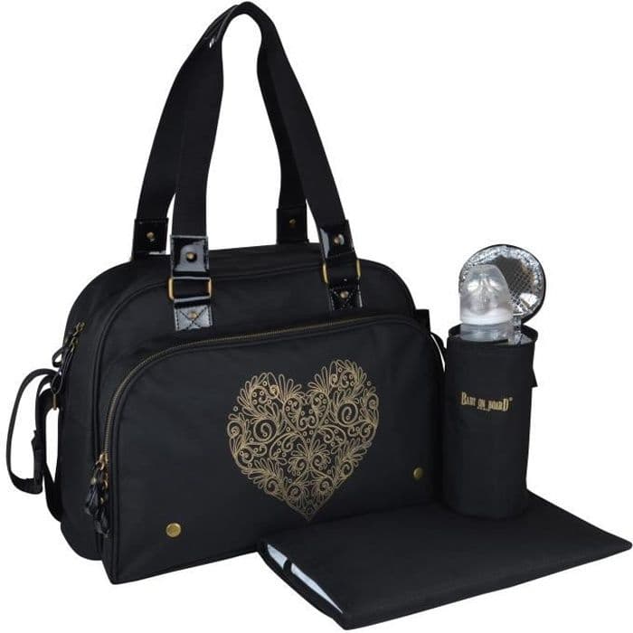 BABY ON BOARD Simply Premium Changing Bag + tillbehör - Svart med gyllene hjärta