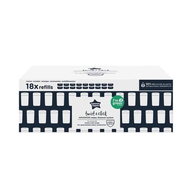 TOMMEE TIPPEE Twist & Click blöja Bin Refills med hållbart framställda GREENFILM Antibacterial, 18-pack