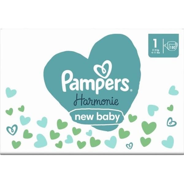 Pampers Harmony blöjor storlek 1, 180 blöjor, 2 kg - 5 kg 1 månadsförpackning