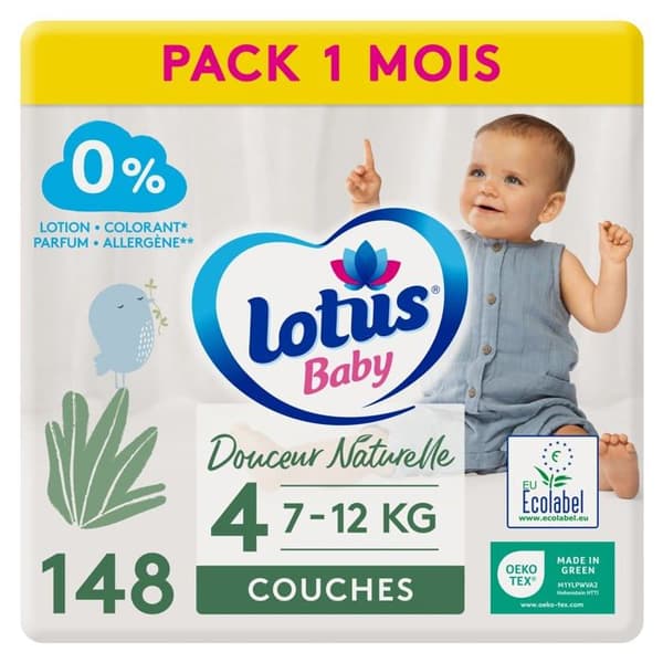 Lotus baby - 9625 - Naturlig mjukhet - Blöjor Storlek 4 (7-12 kg) Förpackning 1 månad - 148 enheter, Vit