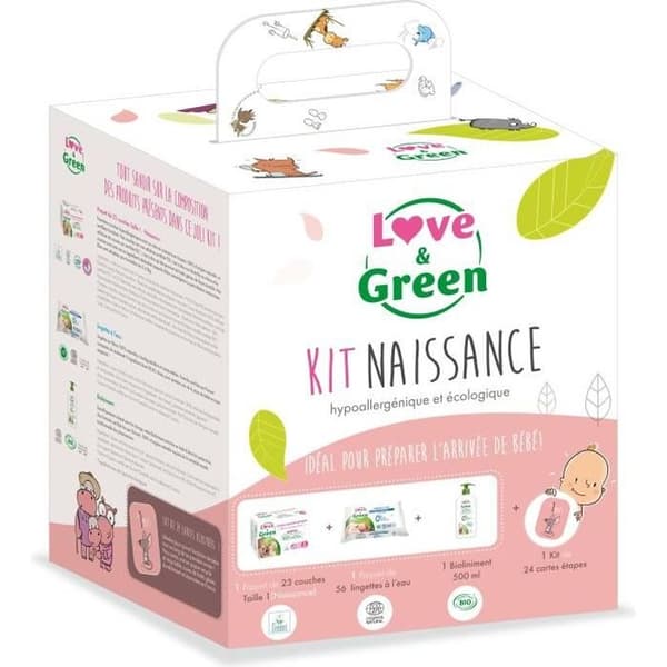 Love & Green födelsekit - 1 paket T1 + 1 paket våtservetter + 1 Bio-liniment + 1 set med 24 stegkort