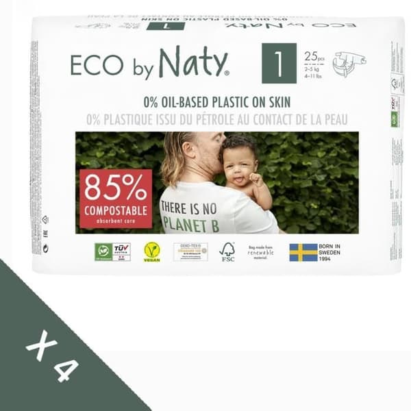 NATY Blöjor - Storlek 1 Nyfödd 2-5 kg - Set med 4 förpackningar - 100st