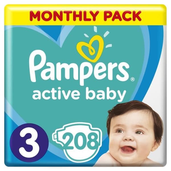 Pampers blöjor - Active Baby - Storlek 3 - 208 blöjor - 1 månads förpackning