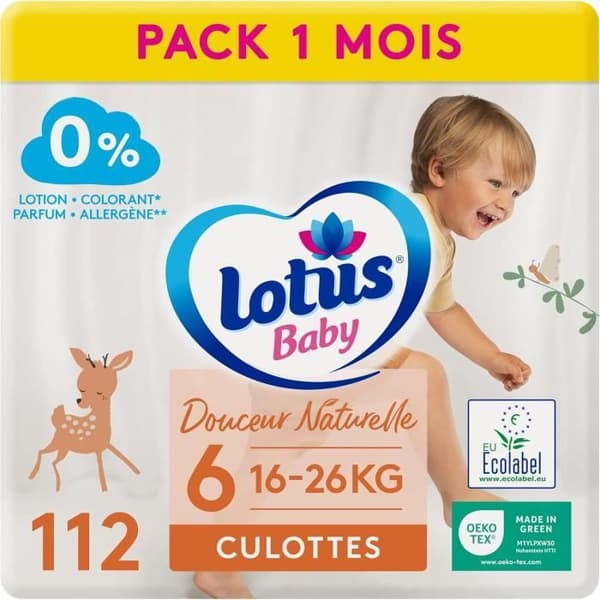 Lotus Baby Douceur Naturelle - Culotter Størrelse 6 16-26 kg Pakke 1 måned - 112 kulotter