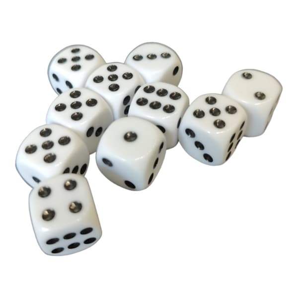 10 vita tärningar 16mm till Yatzy o Tärningsspel, lättrullade