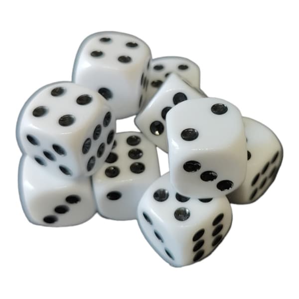10 vita tärningar 16mm till Yatzy o Tärningsspel, lättrullade