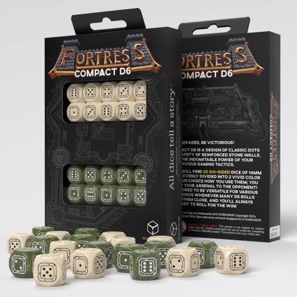 Polyedriska tärningar - Q WORKSHOP - FORTRESS COMPACT D6 PACK - Beige färg - Olivfärg - 20 tärningar ingår