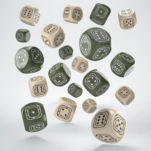 Polyedriska tärningar - Q WORKSHOP - FORTRESS COMPACT D6 PACK - Beige färg - Olivfärg - 20 tärningar ingår