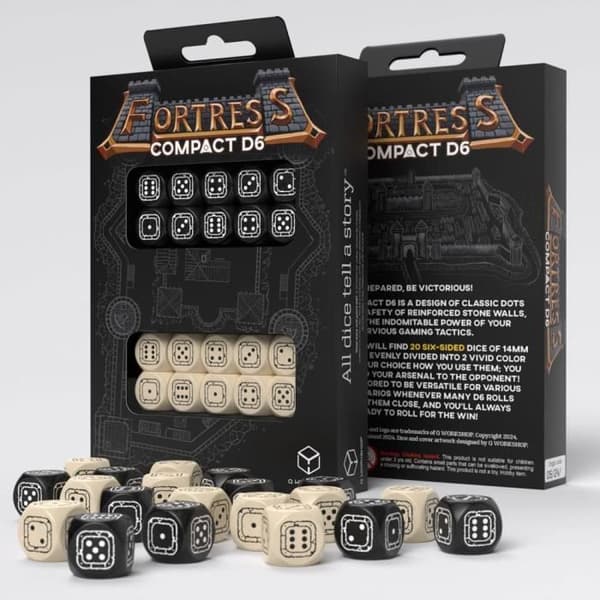 Tärningsspel - Q Workshop - Fortress Compact D6 Pack - Svart och Beige - 20 polyedriska tärningar