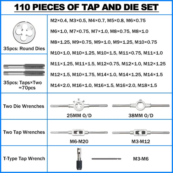 Tap och Die Set, 110 Delar, Metriska Storlekar M2-M18, Hållbar Konstruktion