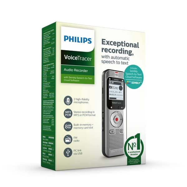 Philips DVT2015 Lydoptager inkl. Sembly - Stereo MP3/PCM - Sembly tale-til-tekst cloud-software/talegenkendelse - 8 GB - USB
