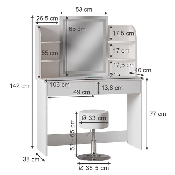 Vicco Charlotte sminkbord, Vit, 106 cm med LED-spegel, QI-laddare och pall
