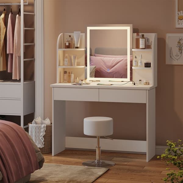 Vicco Charlotte sminkbord, Vit, 106 cm med LED-spegel, QI-laddare och pall
