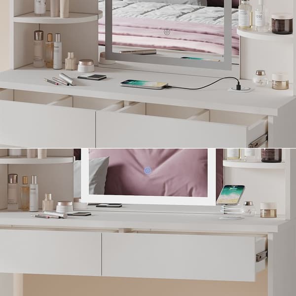 Vicco Charlotte sminkbord, Vit, 106 cm med LED-spegel, QI-laddare och pall